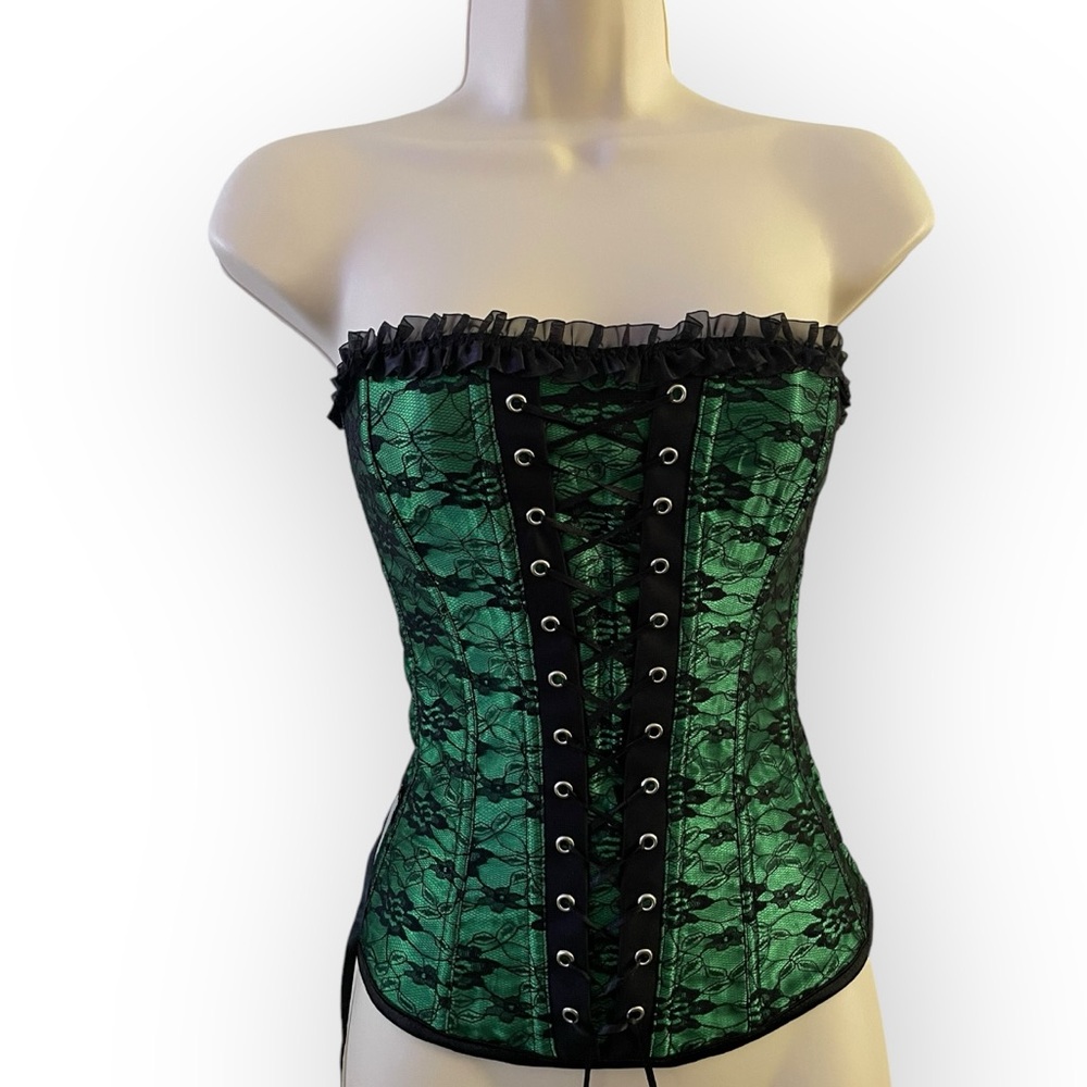 Women’s lace up corset Kelly green ruffle lace overlay size Small zipper - Picture 1 of 4